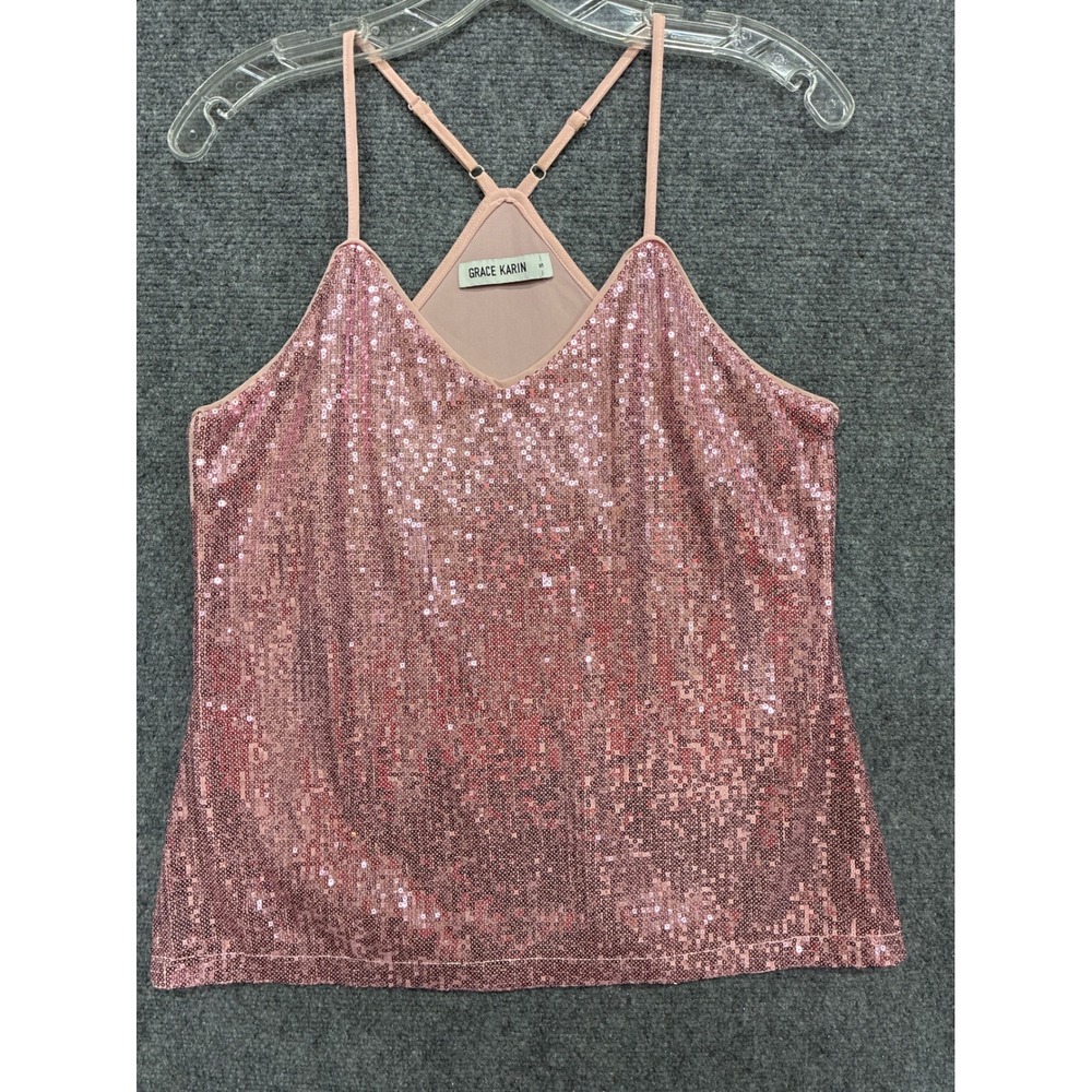 Sequin Grace Karin Pink V-Neck Adjustable Strap Tank Top Holiday Party Small